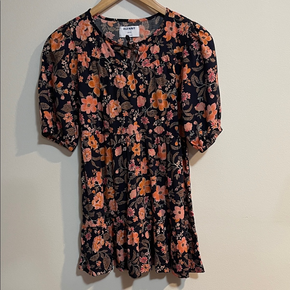Old Navy Black Dress with Orange and Pink Floral Pattern SZ 10-12 L - Picture 1 of 4